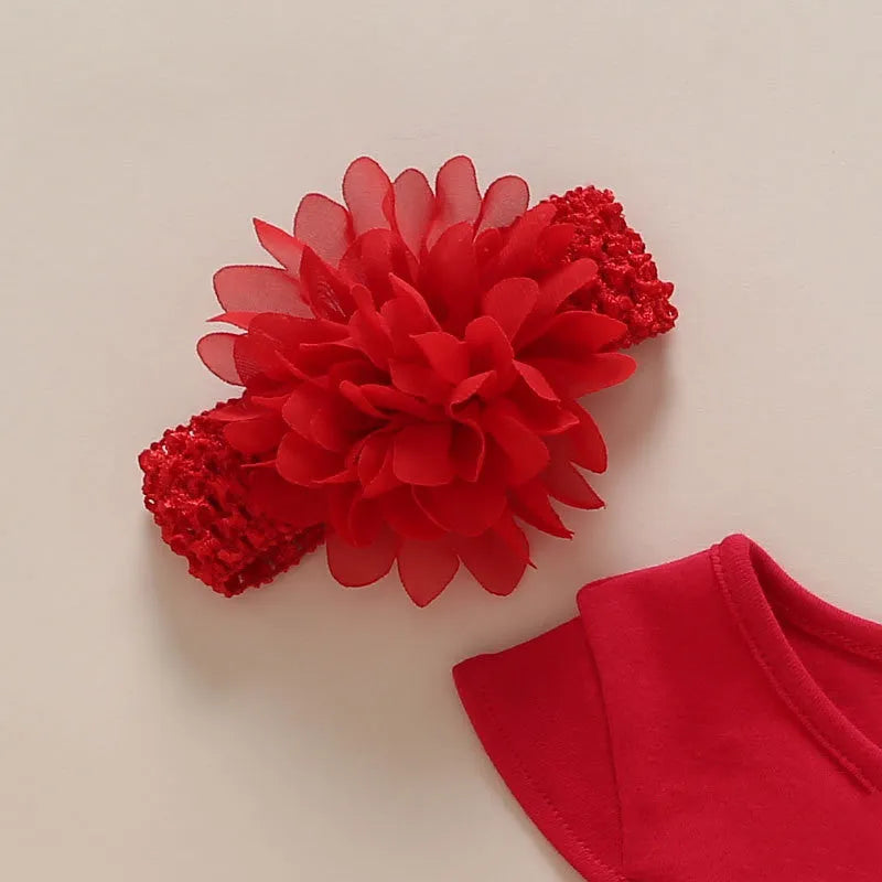 Korean-style baby girl lace dress set with matching shoes and hairband in red, pink, or white.