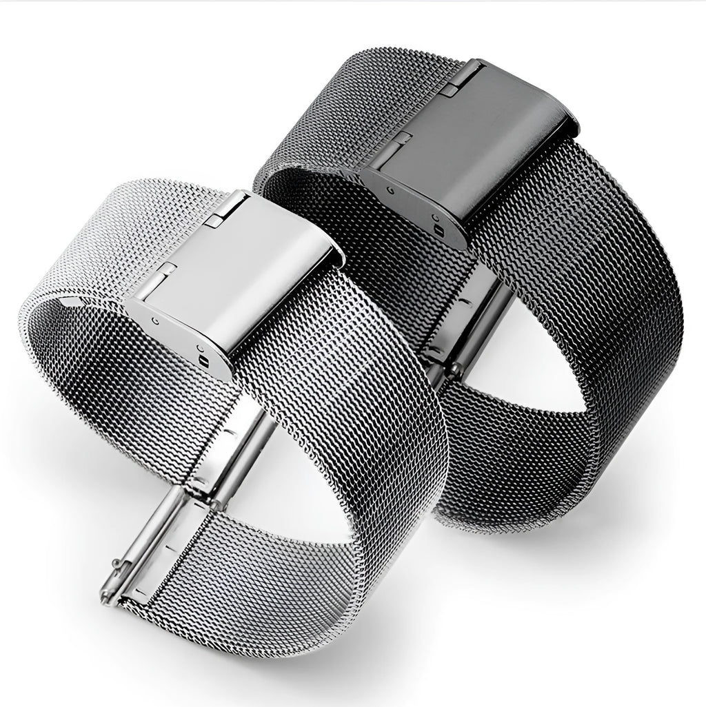 Milani silk and stainless steel woven watch band in silver, black, rose gold, and gold colour options.