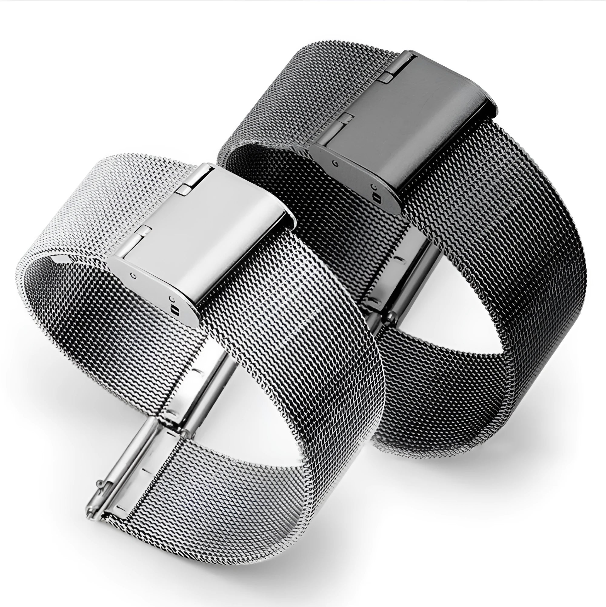 Milani silk and stainless steel woven watch band in silver, black, rose gold, and gold colour options.