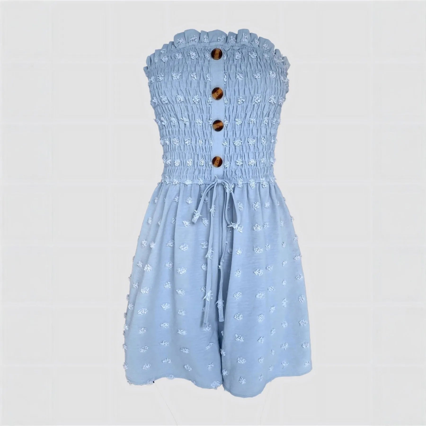 Women's blue sleeveless off-shoulder jumpsuit with button detailing and mid waist design