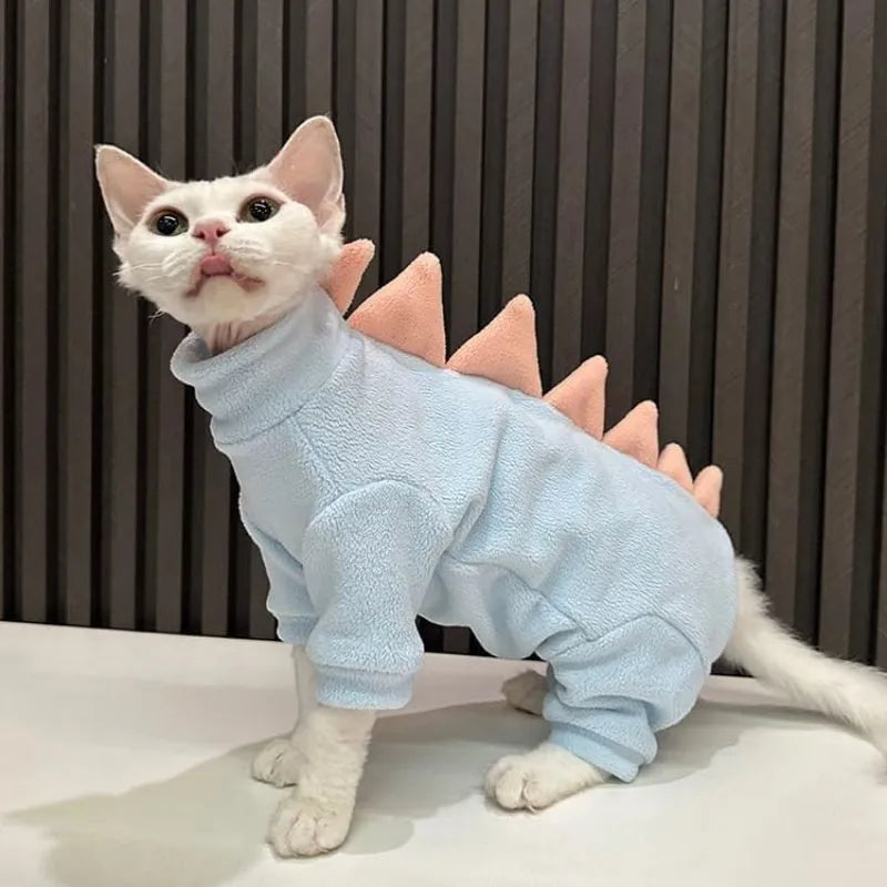 Fleece dinosaur costume for hairless Sphynx and Rex breed cats in multiple sizes