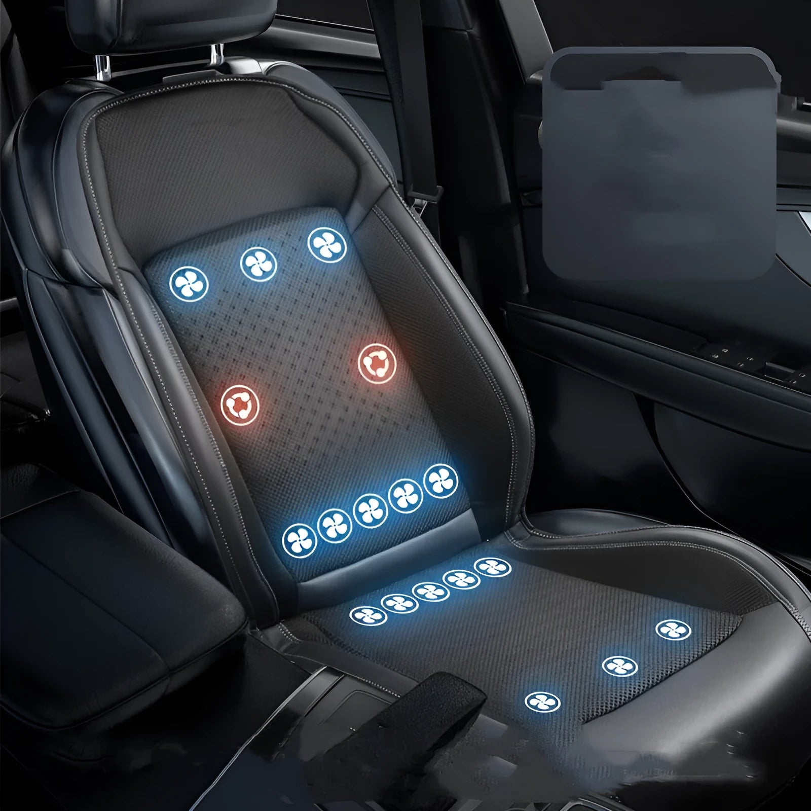Black car seat cooling pad with USB cable connected for refrigeration and massage functions