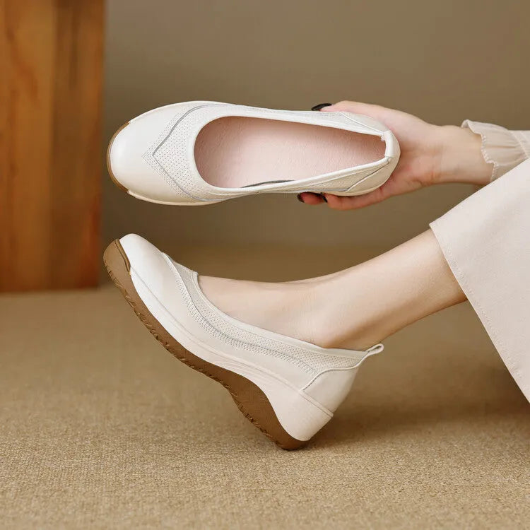 Women's high heel leather slip-on pumps thick platform round head solid colour cowhide beige