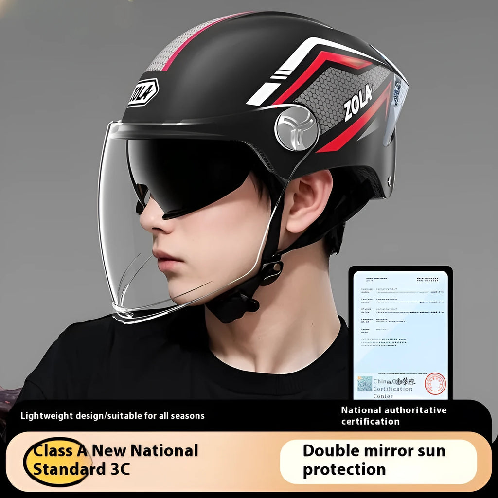 3C certified universal half helmet for motorcycles with a flip-down dual-mirror visor on an ABS shell.