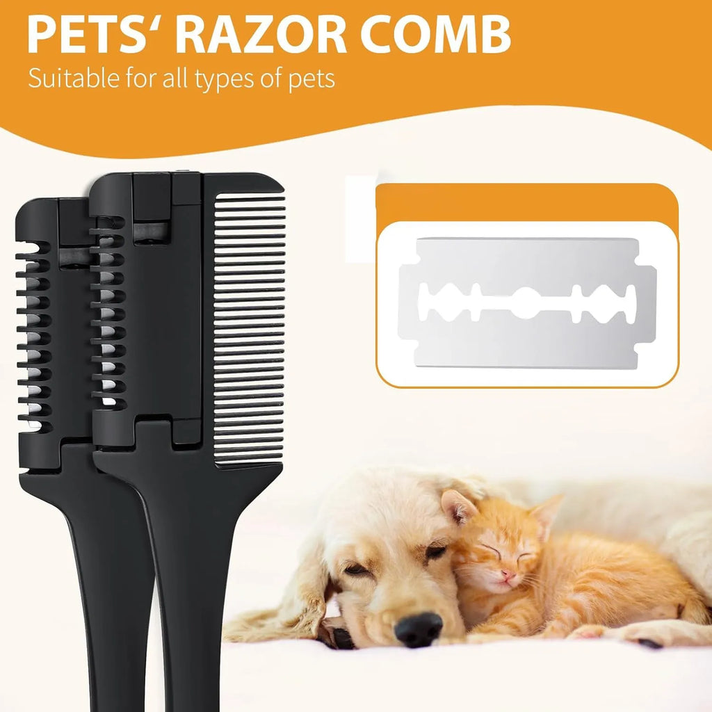Razor comb for dogs and cats showing comb teeth and built-in blade, with packet of ten spare blades.
