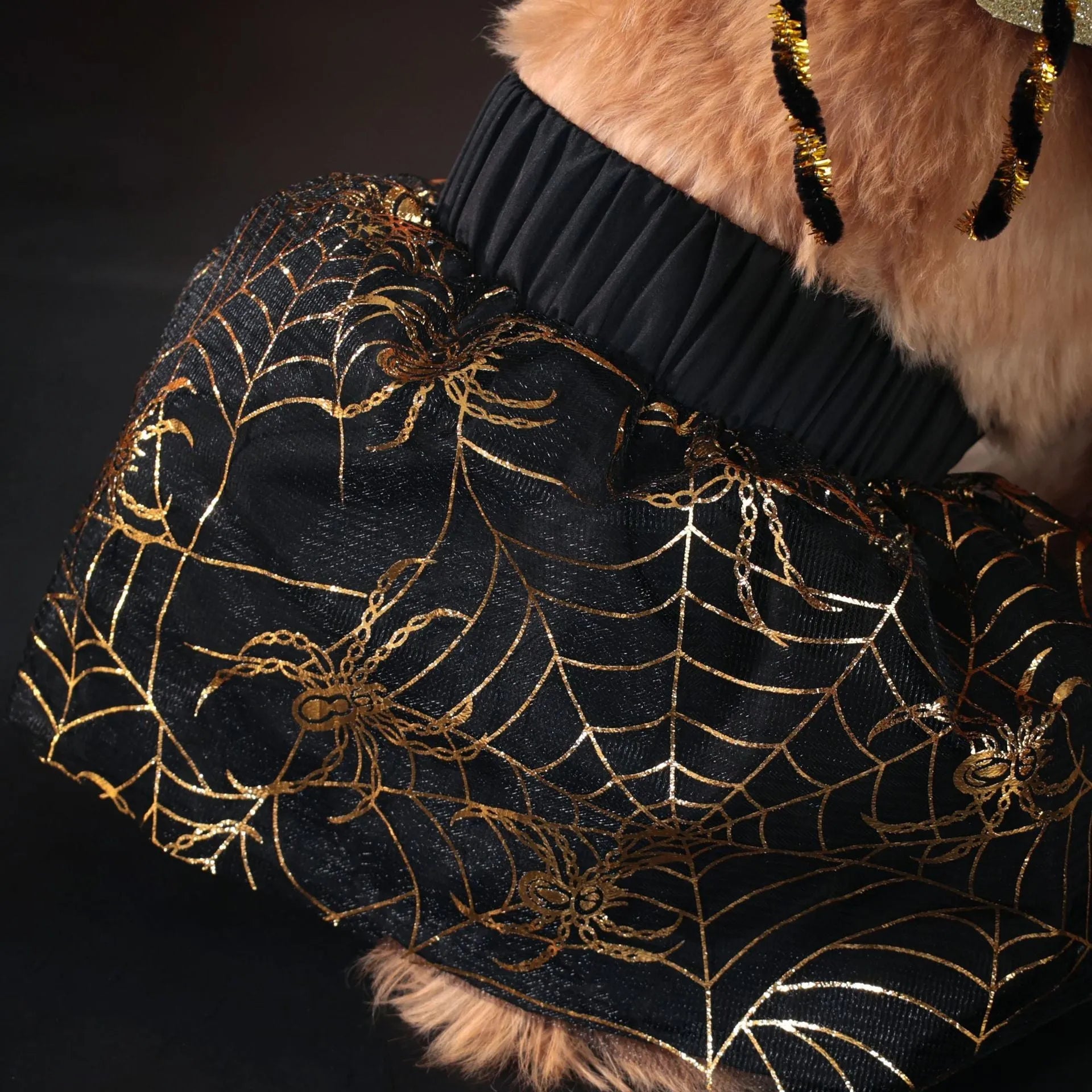 Halloween dog costume suit in polyester fabric shown on a pet, available in sizes small, medium, large, and extra large.