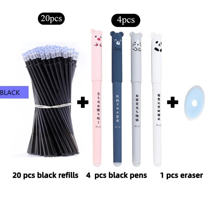 Black erasable gel pen with 0.5mm tip showing refill components including nibs and ink refills