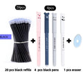Black erasable gel pen with 0.5mm tip showing refill components including nibs and ink refills