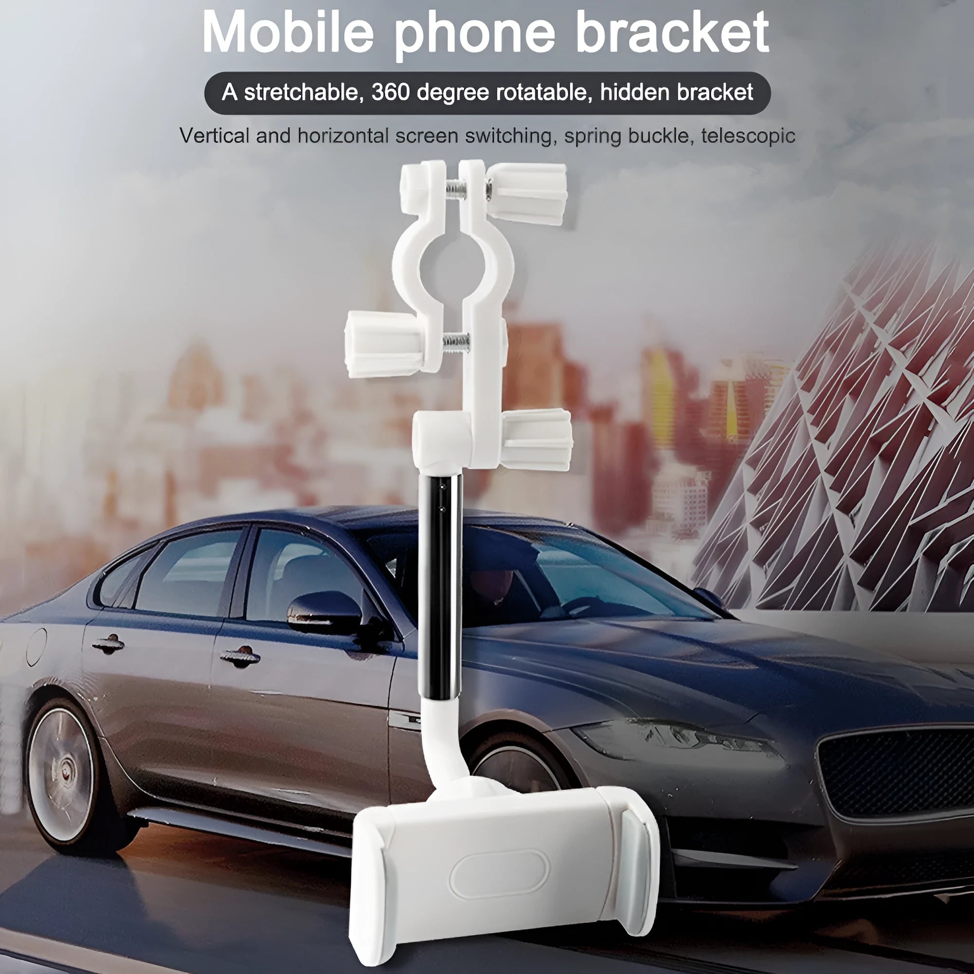 Black car windscreen phone holder with 360-degree rotating arm and soft foam phone contact pads