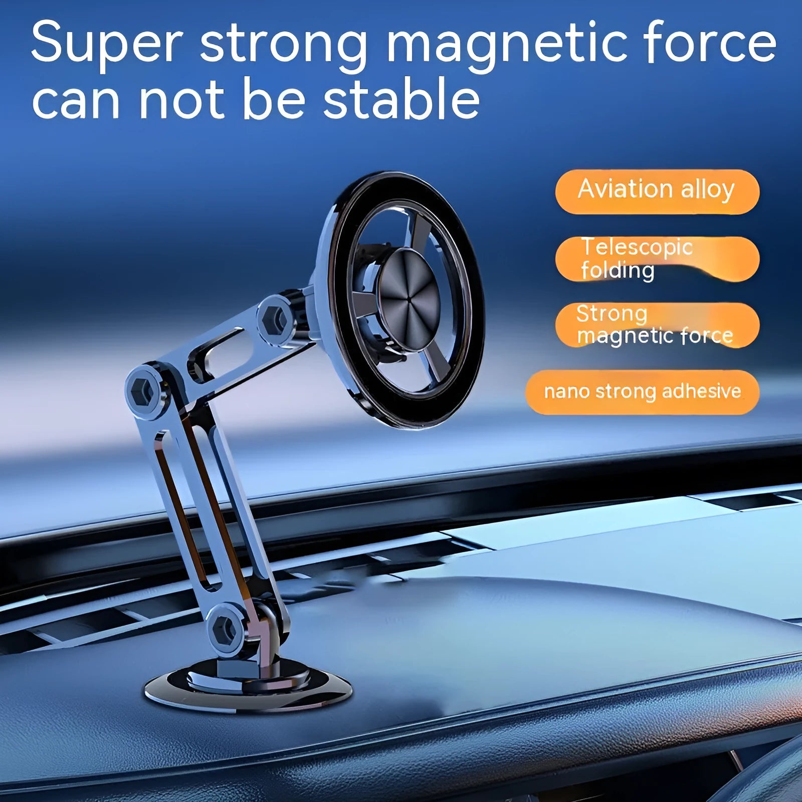 All-metal magnetic car phone holder in black, silver, gold, and rose gold with magnetic rings and adhesive pads