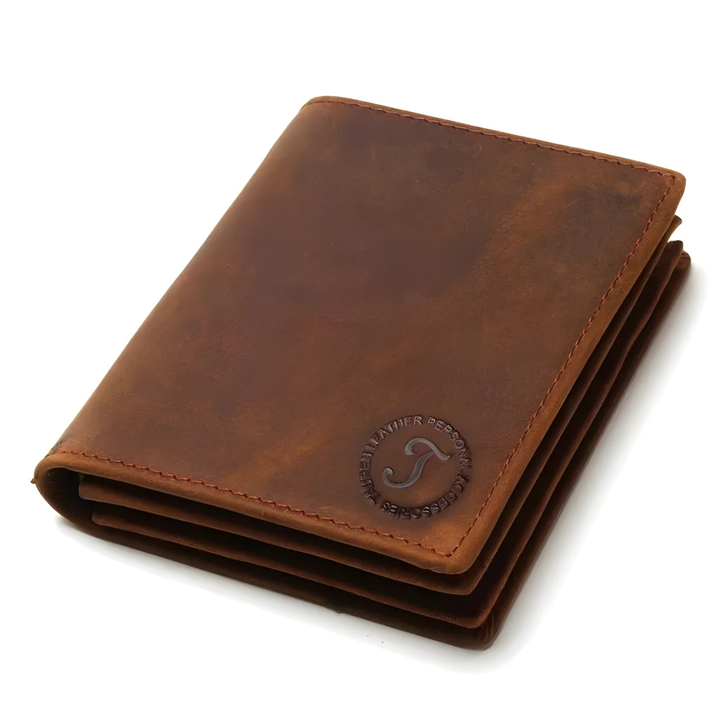 Genuine leather short anti-theft swiping men's wallet in brown vertical version with sewing line detailing