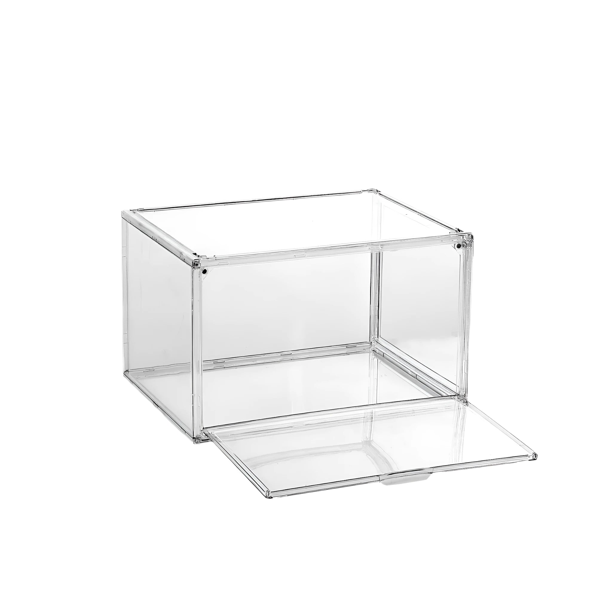 Large transparent acrylic shoe storage box with magnetic side door showing interior shoe storage
