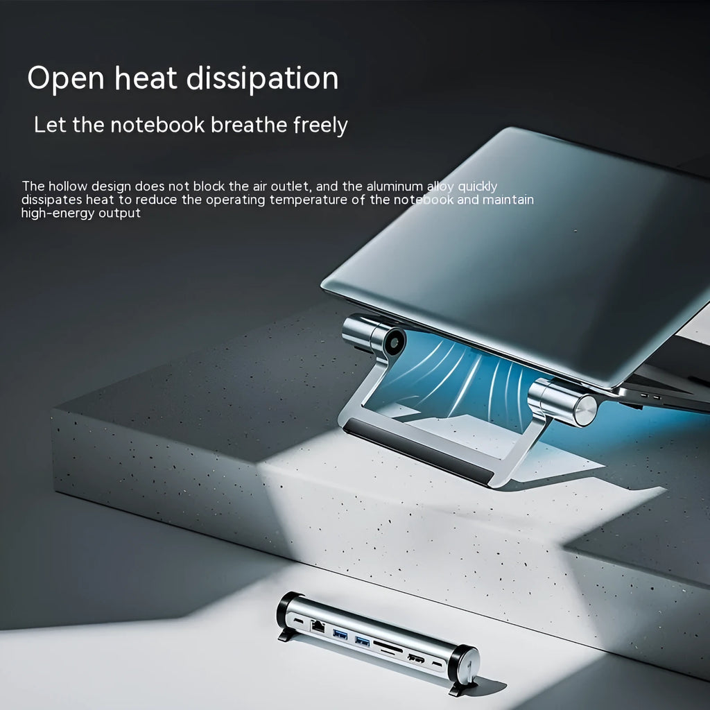 Aluminum alloy notebook docking station with bracket stand, showing USB 3.0 ports, USB-C PD port, and a 0.4m cable.