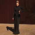 Women's backless high collar long sleeve slim fit pleated dress in solid colours