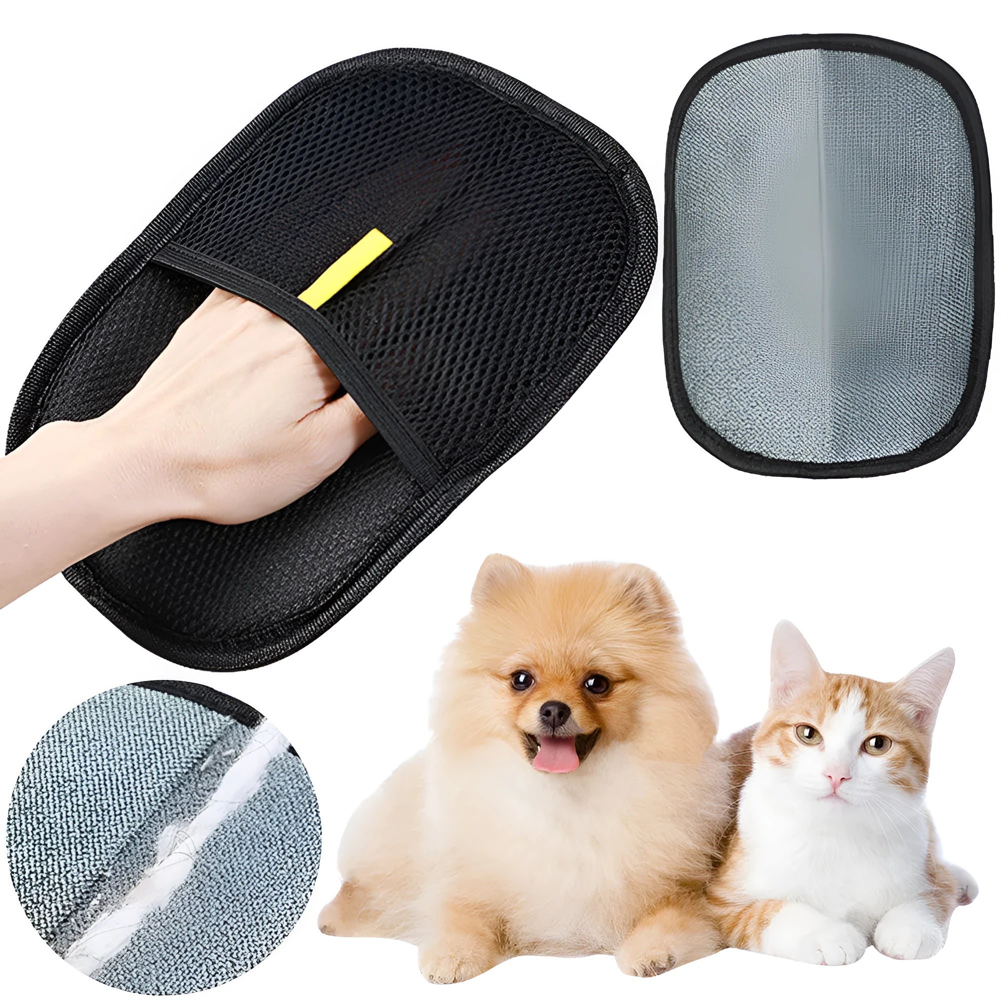 Black mesh pet grooming gloves with silicone brush bristles for removing loose hair
