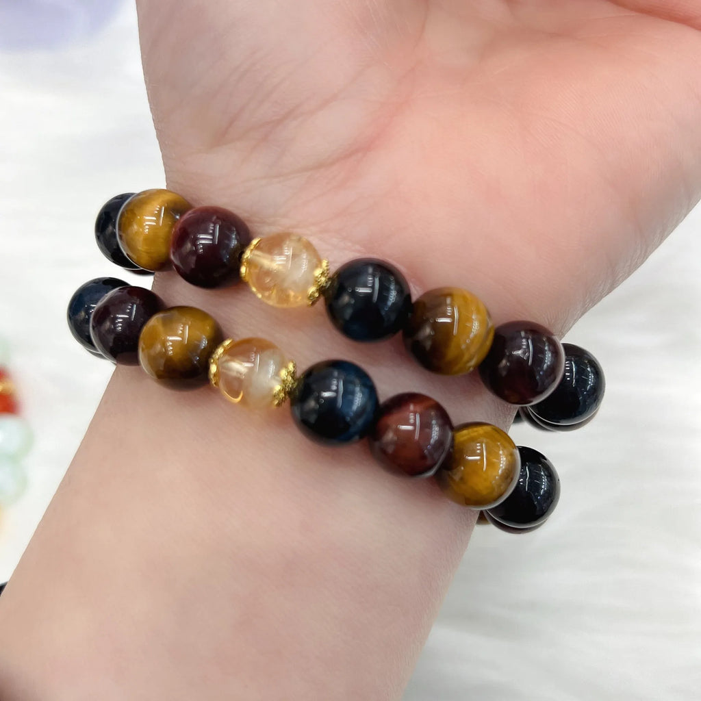Tiger eye gemstone bracelet with loose round beads on Maillard chain, 18cm length