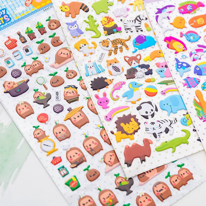 Cartoon three-dimensional bubble stickers showing raised puffy designs including alpaca, cat, dinosaur, and bunny themes