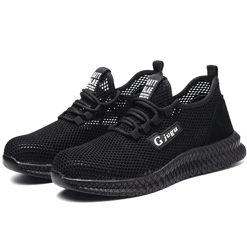 Men's Flyknit work shoes with steel toe caps in black, grey, and yellow colour options
