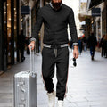 Striped tapered pants two-piece set in black with wool lining jacket and trousers on a model