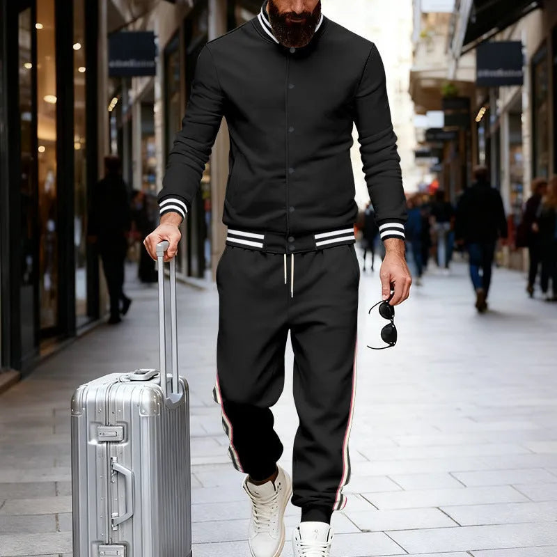 Striped tapered pants two-piece set in black with wool lining jacket and trousers on a model