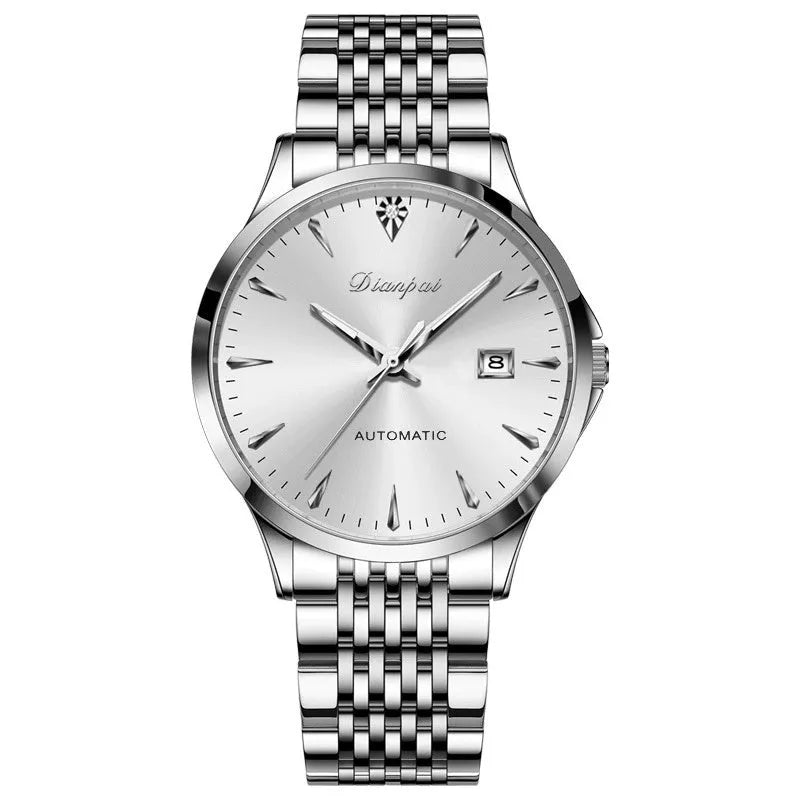 Men's simple dial automatic watch with stainless steel strap on wrist.