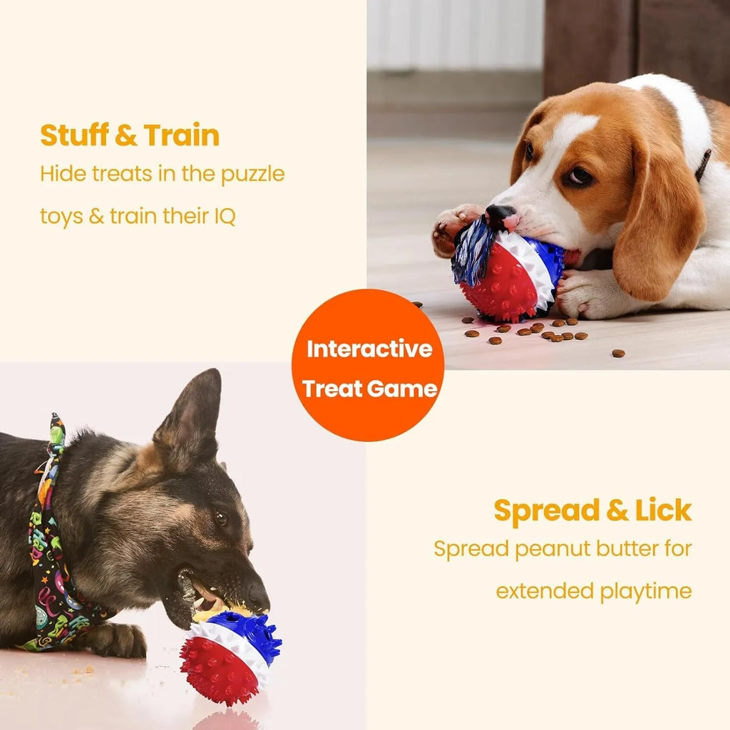 Blue and red ball-shaped dog chew toy with rope and treat dispenser hole on green grass