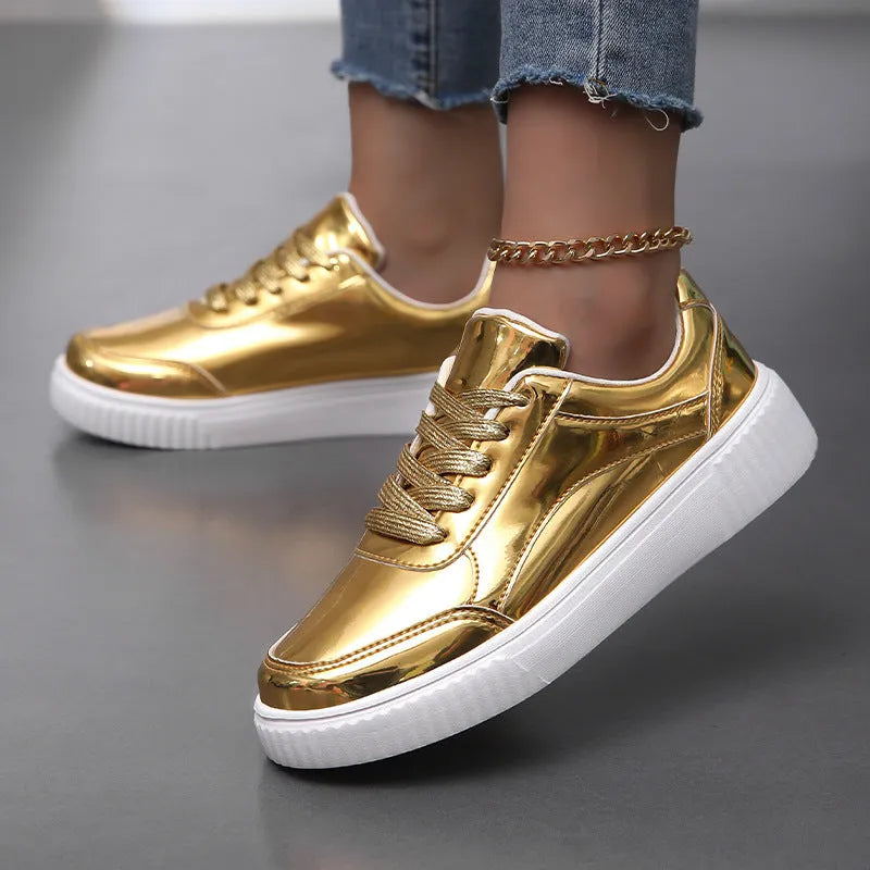 Rose gold glitter platform sneakers with sequin detailing and thick sole
