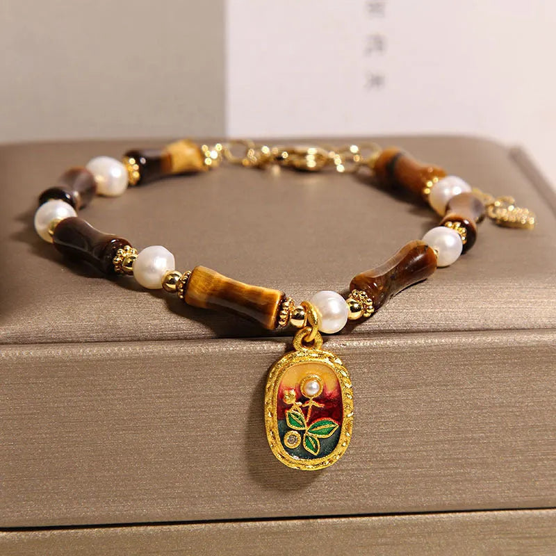 Chinese style stone bamboo women's glass bracelet in amber, green, purple colours