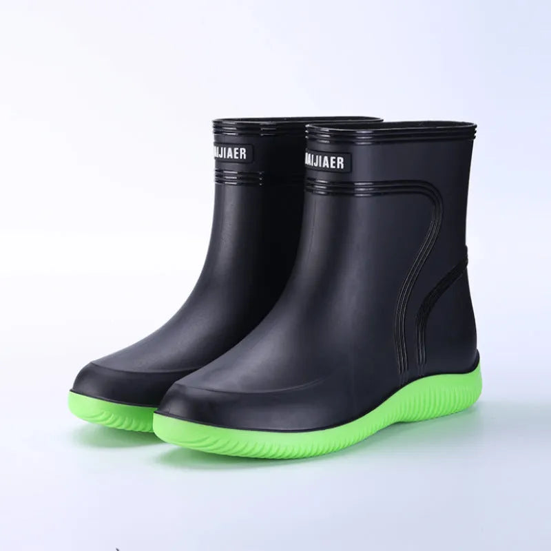 Men's waterproof mid-top rain boots with PVC upper and non-slip plastic sole in British style with tassel detail