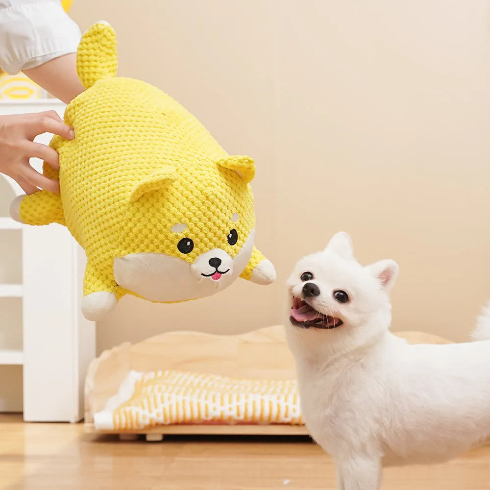 Plush dog calming toy with squeaker for puppy teeth cleaning in Large and Medium sizes