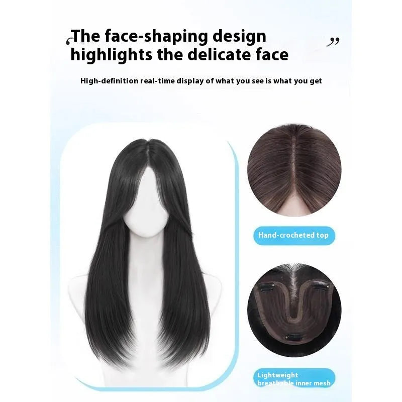 Brown-black full-head wig for women with Chinese character bangs made from high-temperature fibre.