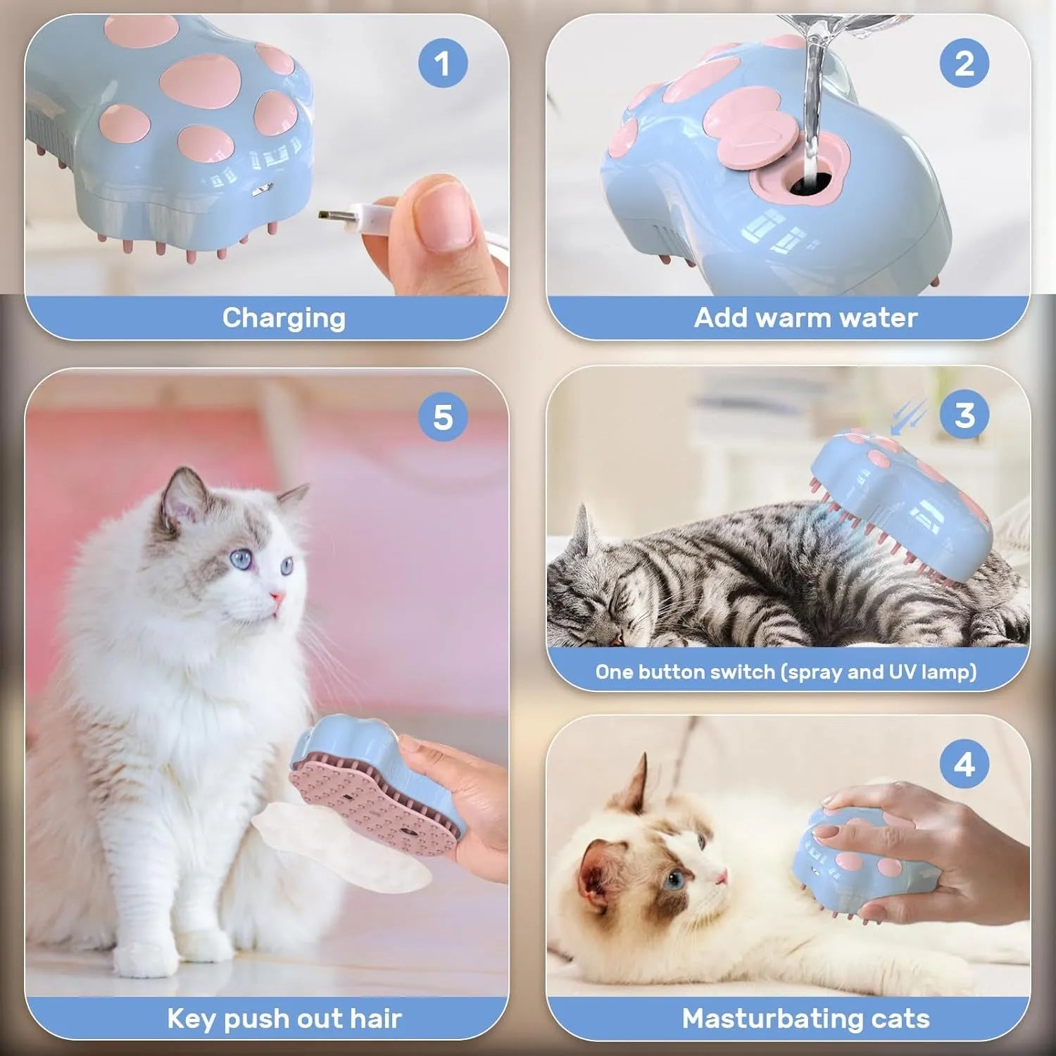 Self-cleaning cat steam grooming brush with silicone bristles and blue light on a pink background