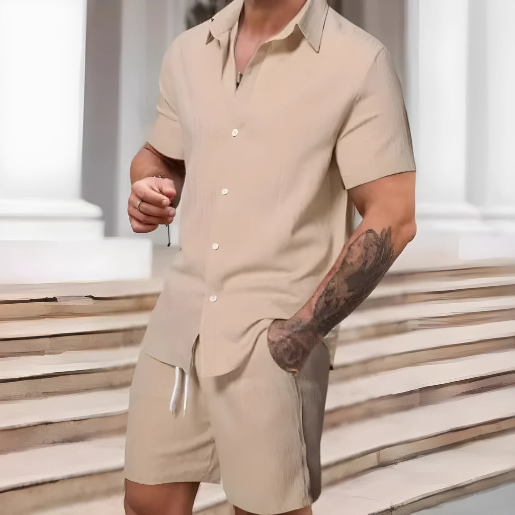 Men's casual striped print suit set with short sleeve shirt and matching shorts in colour YT50313P1