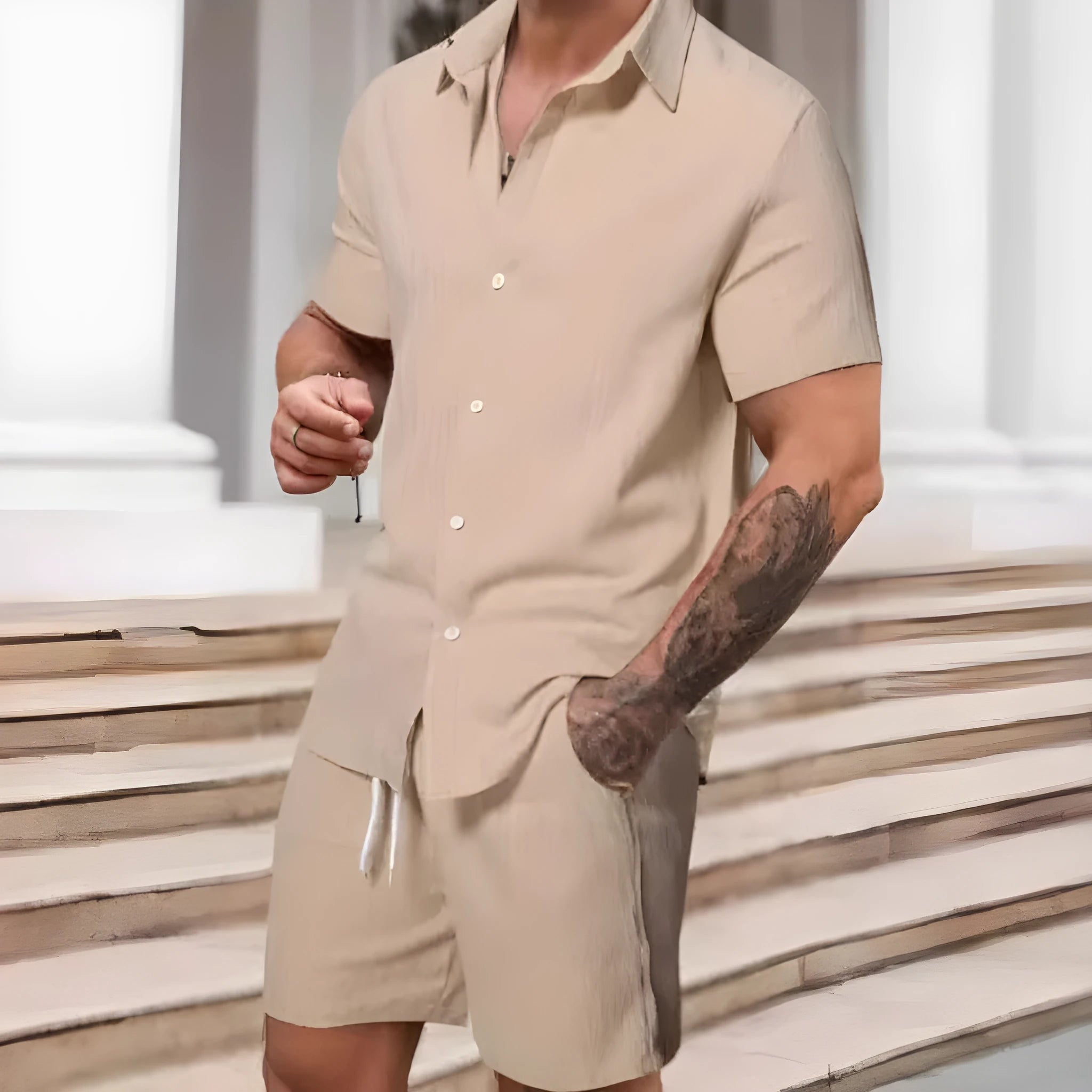 Men's casual striped print suit set with short sleeve shirt and matching shorts in colour YT50313P1