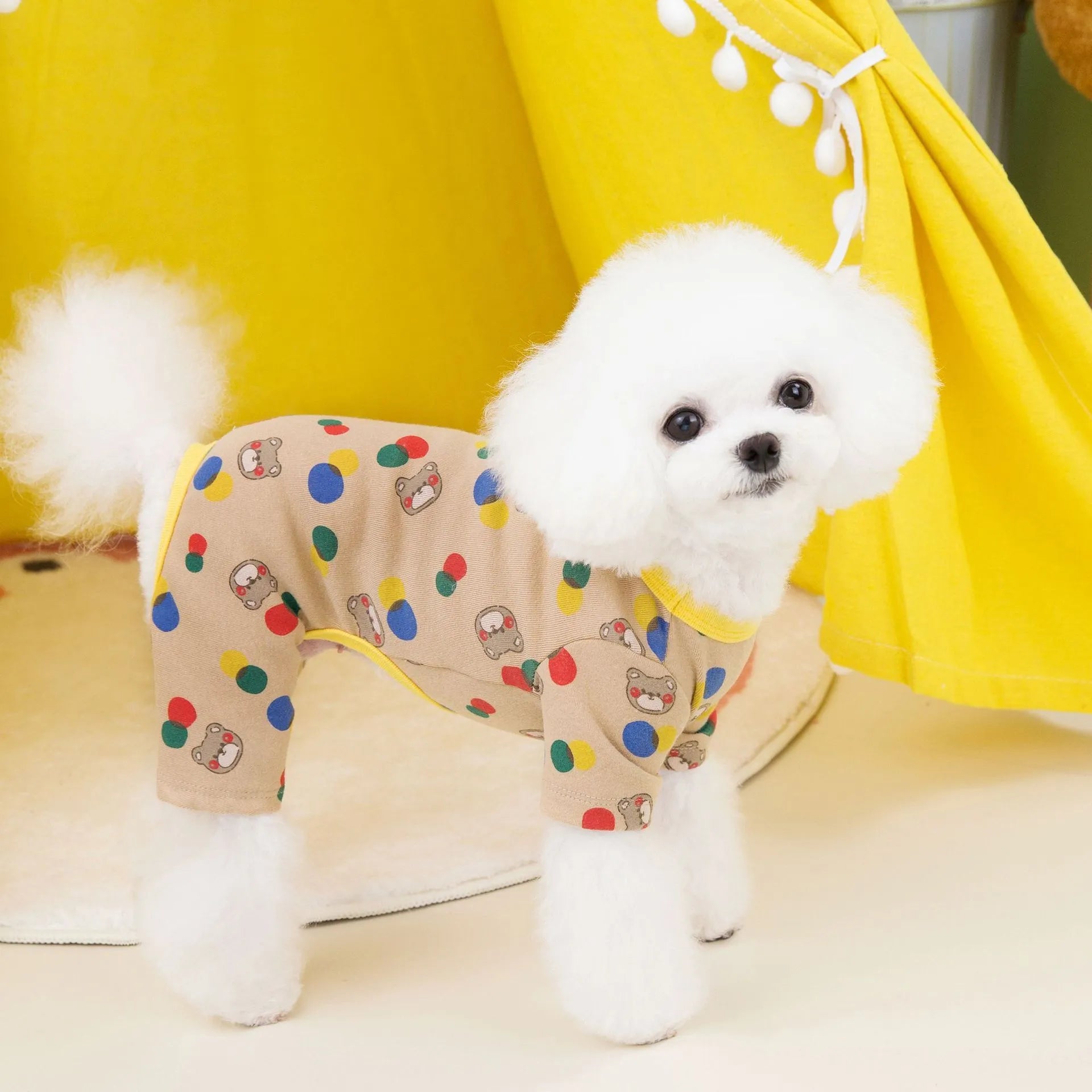 Beige cotton-blend dog sweater jumper with casual ball bear design in size medium