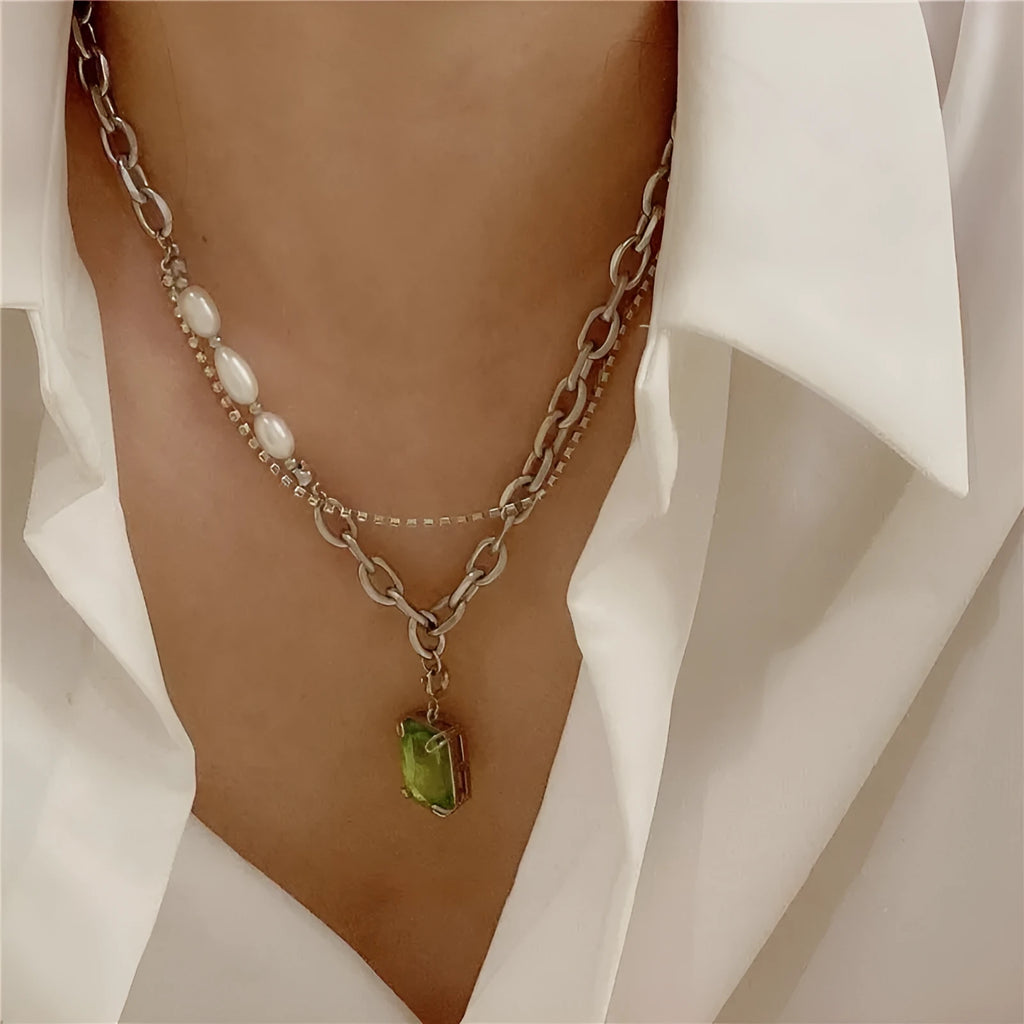 Green electroplated stainless steel multi-layer necklace with square brick geometry pendant and artificial crystal, adjustable 21-50cm chain