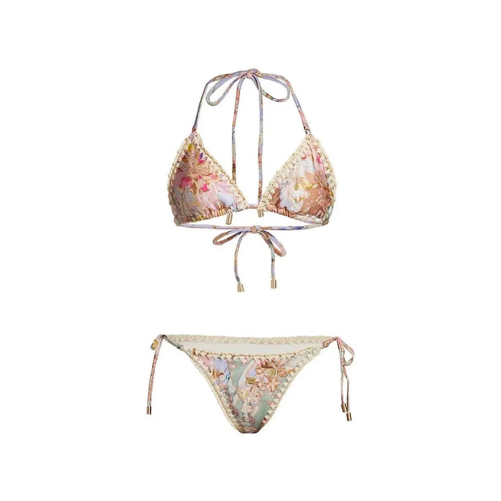 Women's creamy-white floral bikini suit with skirt for beach vacations