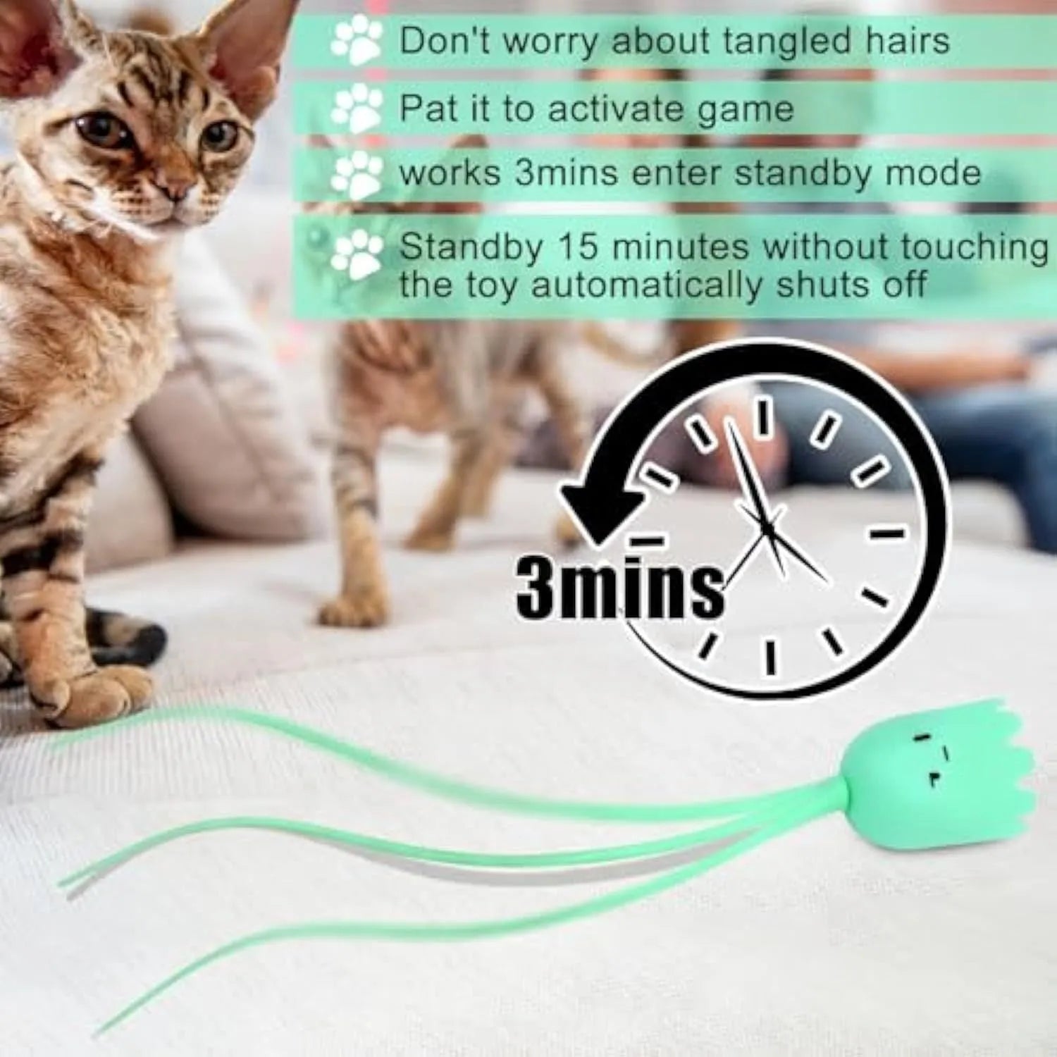 Green automatic cat wand toy with silicone tails rotating for indoor cat play