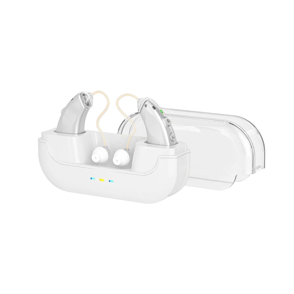 Magnetic behind-the-ear sound amplifier in silver with USB charging port