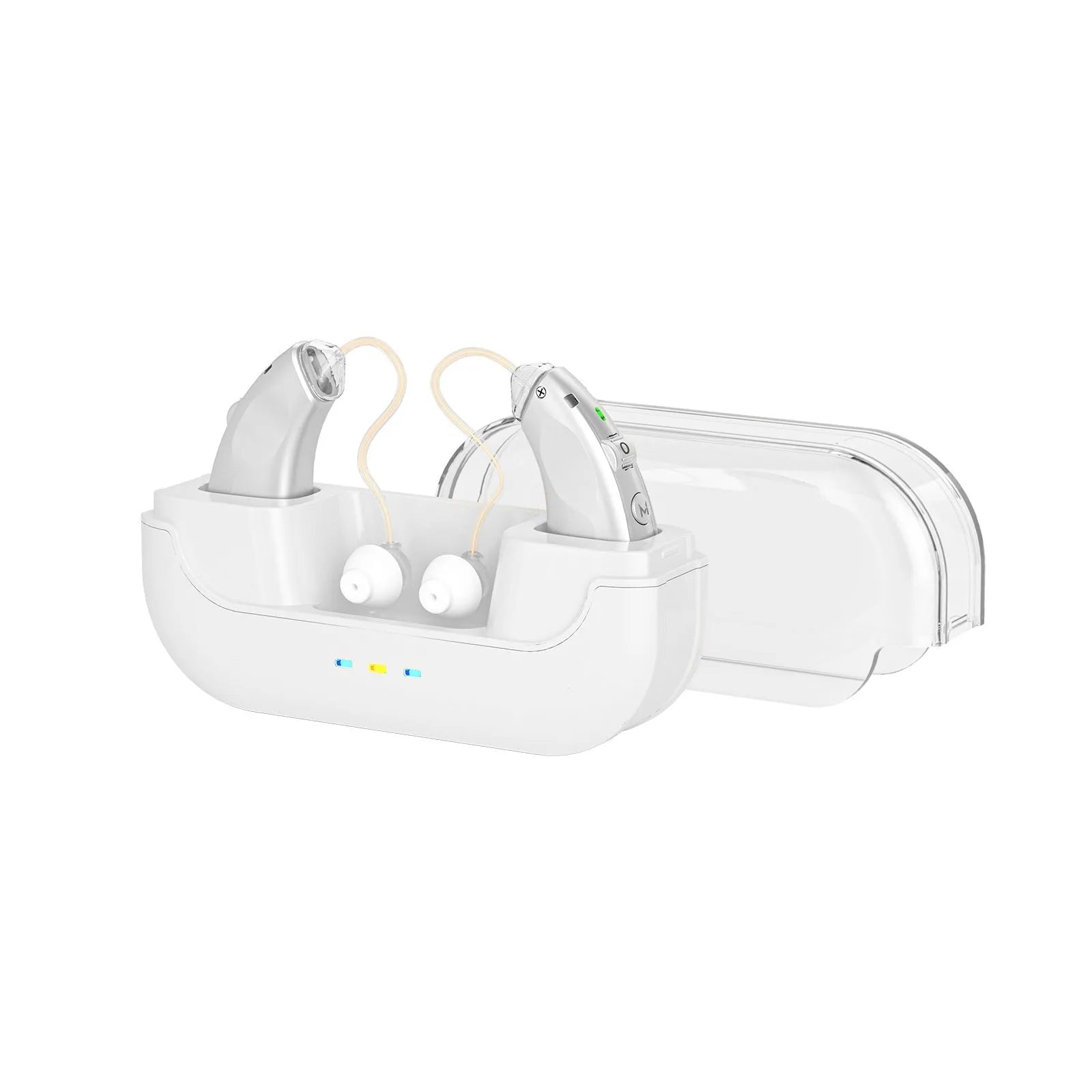 Magnetic behind-the-ear sound amplifier in silver with USB charging port