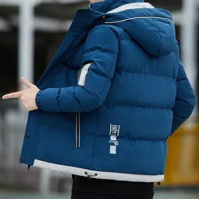 Men's casual padded down jacket with stand-up collar, polyester fill, in black, blue, and khaki colours