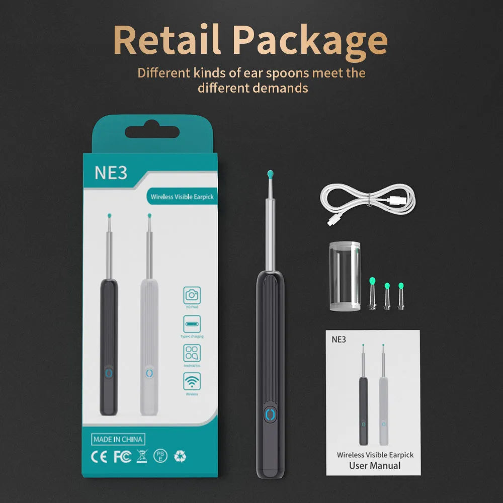 NE3 wireless ear cleaner otoscope with camera LED light in black or white colour