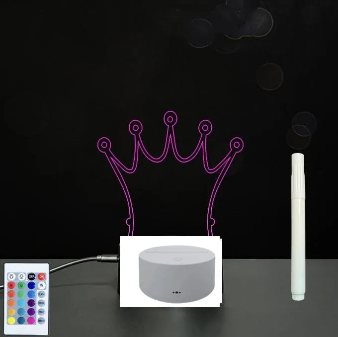 3D acrylic LED message board with touch control, black ABS base, USB cable, and stylus pen on desk