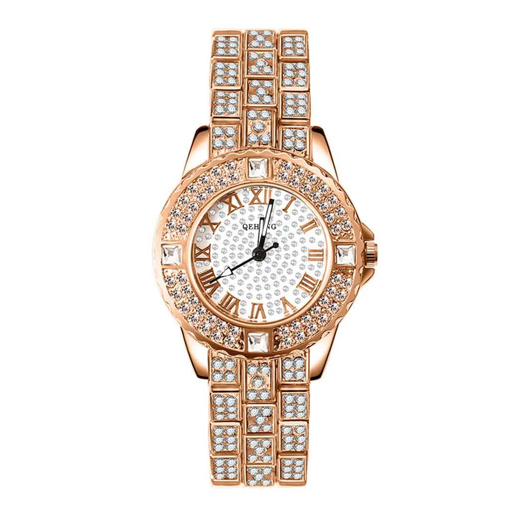 Women's quartz watch with diamond accents, round 26mm dial, alloy case, gold finish