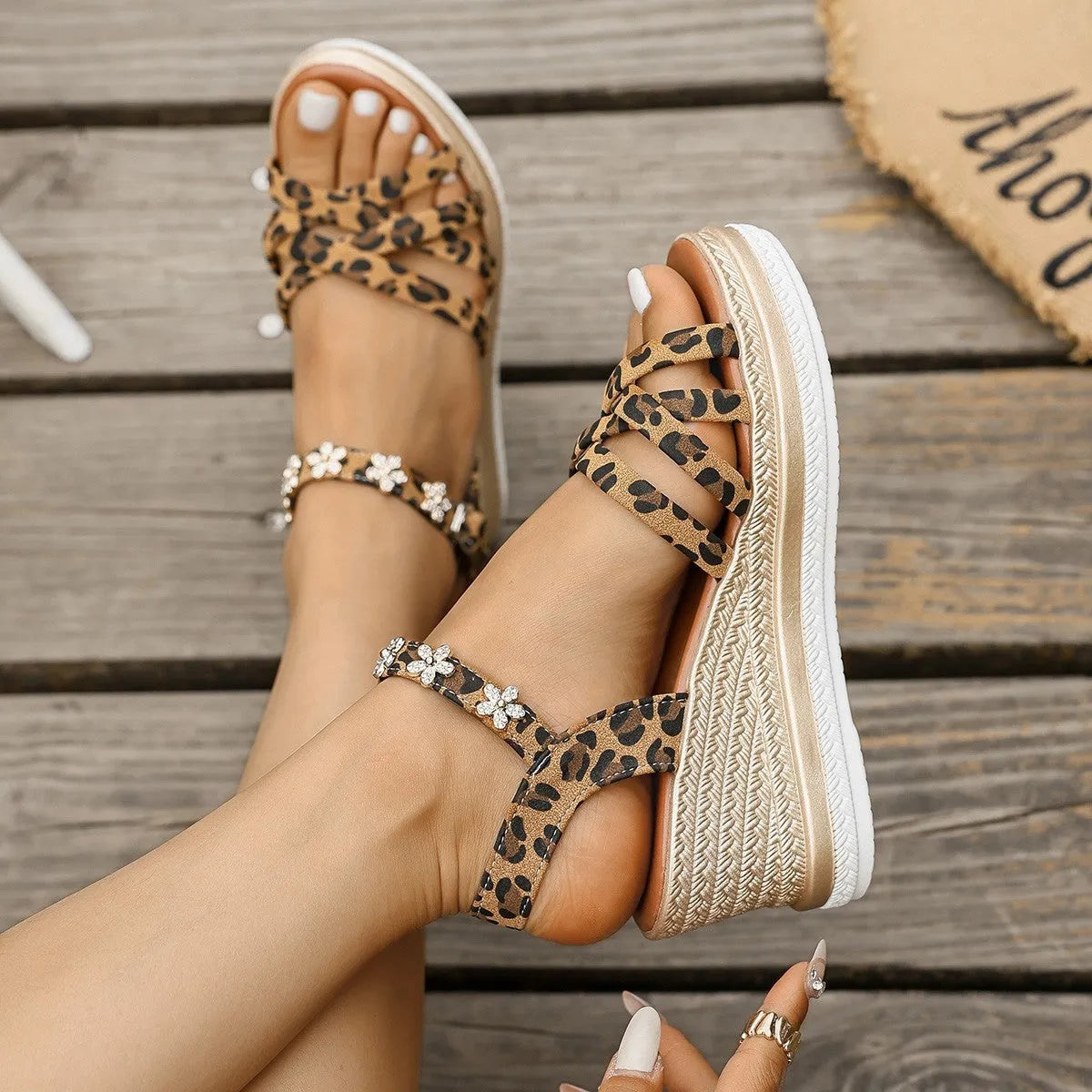 Light brown suede platform sandals with ankle buckle and open toe design
