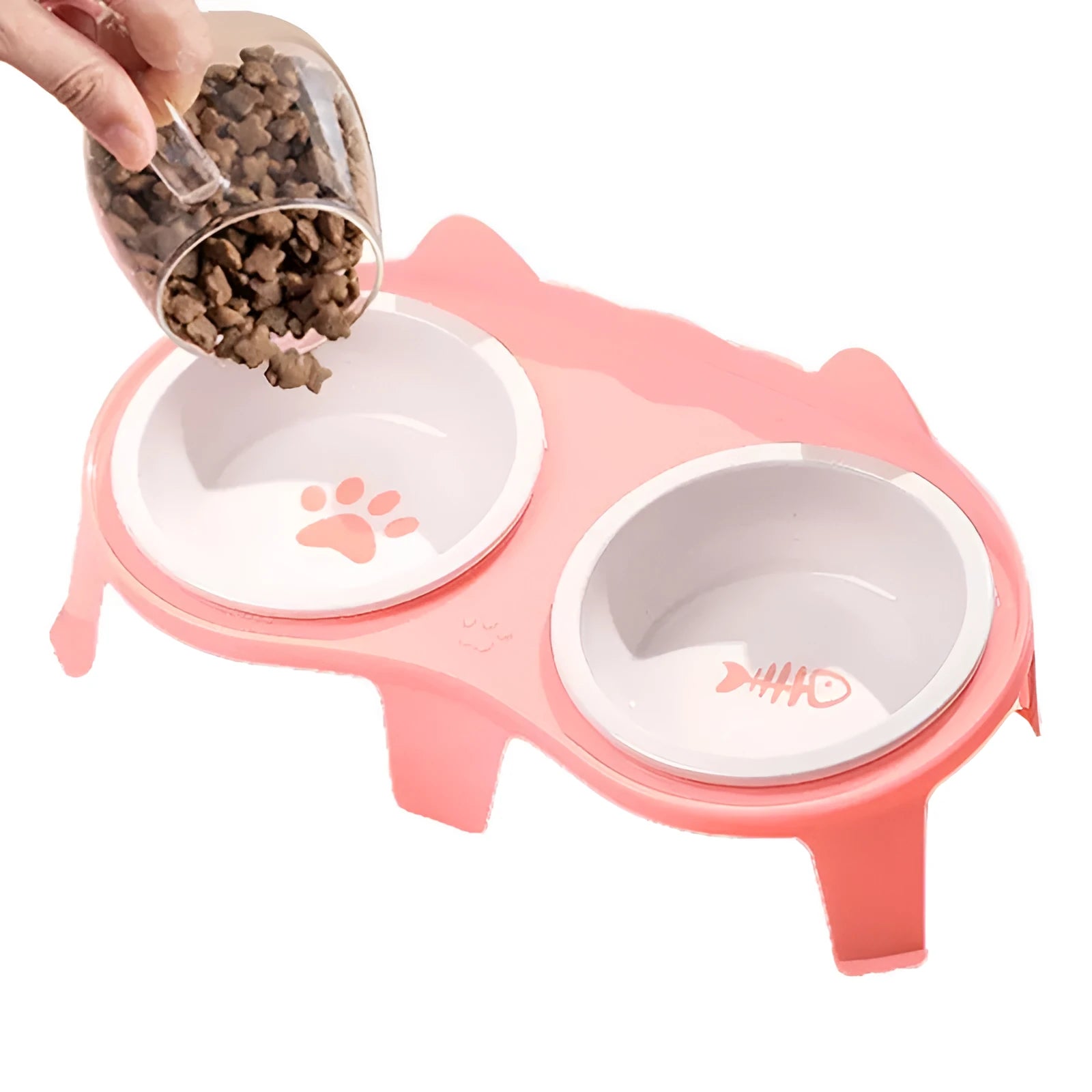 Blue ceramic cat food and water bowl set on a white stand with a hook, showing tilted feeding angle.
