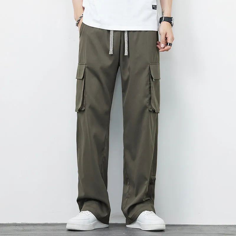 Men's plus size loose straight-leg overalls in army green, nylon fabric, young casual style for summer