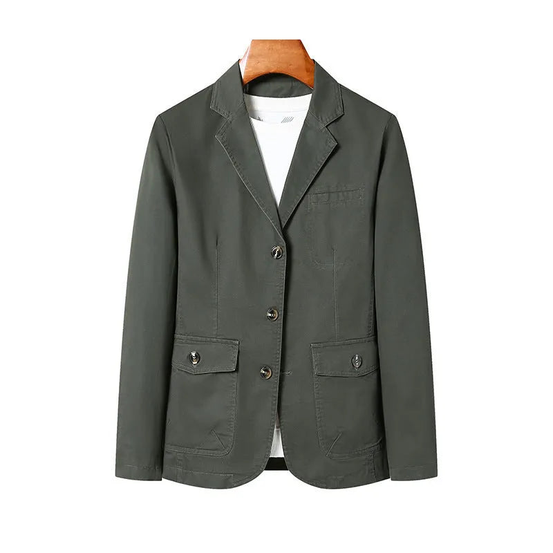 Men's casual loose washed cotton business coat in army green, solid colour straight cut with top stitching pockets