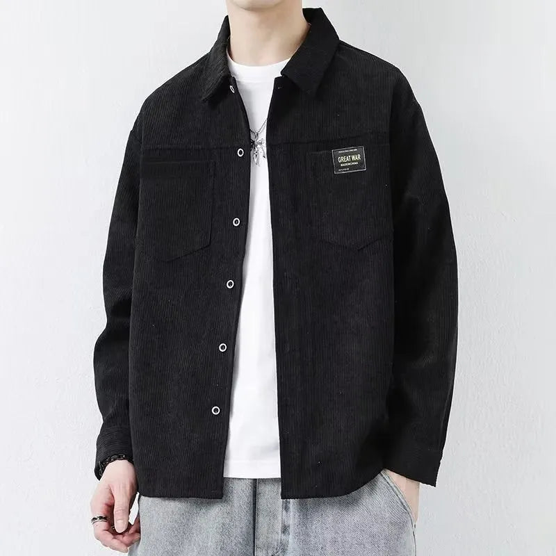 Men's corduroy casual jacket in cardigan style with long sleeves showing textured fabric