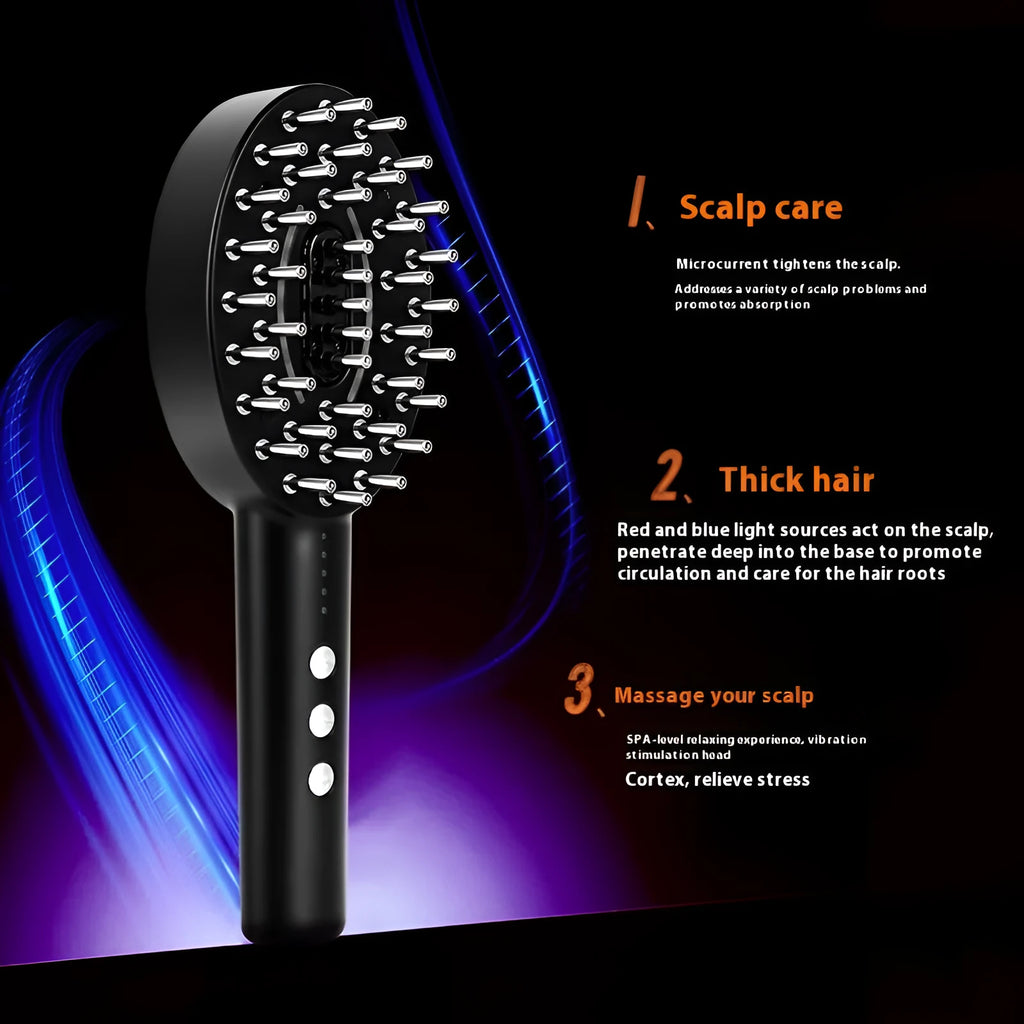 Black scalp medicine supplying and massage device with charging cable on a white background